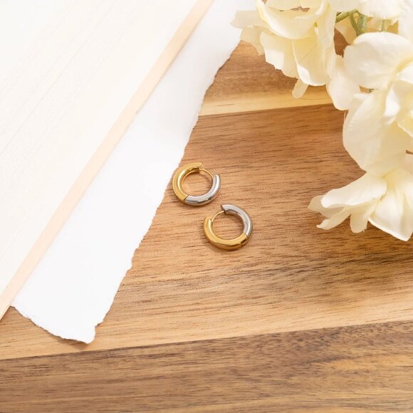 Mixed Metal Gold & Silver Huggie Hoop Earrings | 18K Gold PVD Hypoallergenic - Picture 4 of 5